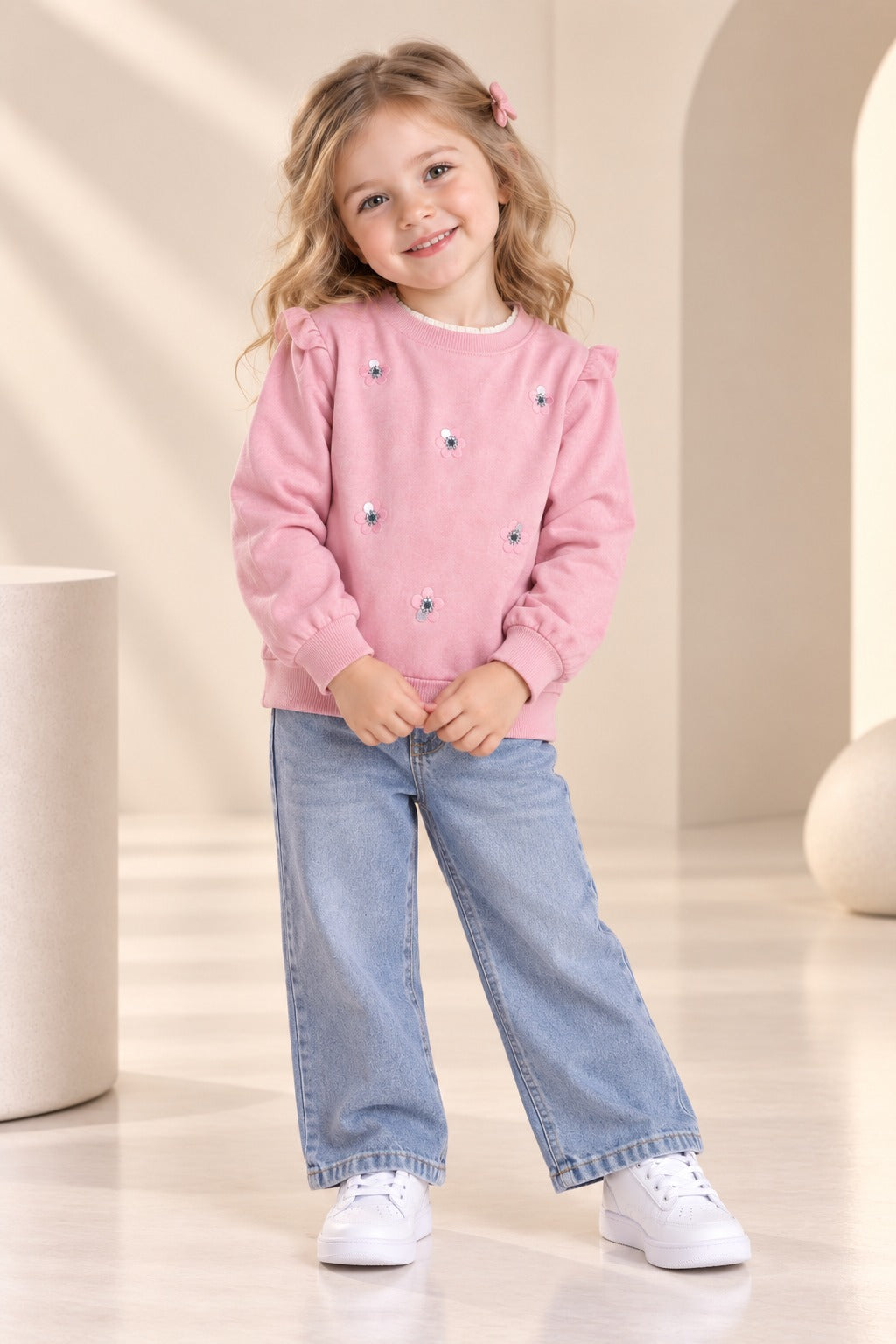 Girls Floral Embroidered Sweatshirt with Ruffle Shoulders-WIN81J