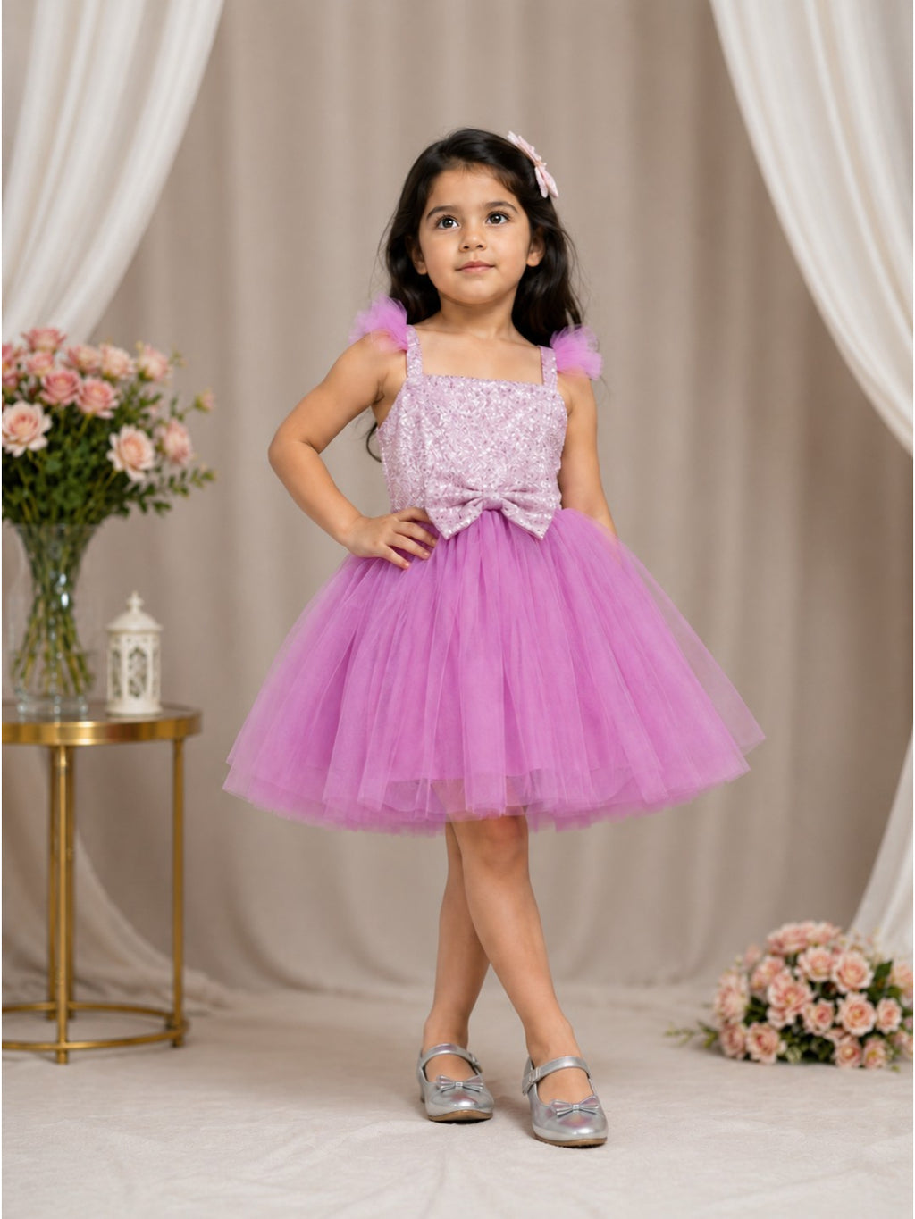 Girls Lavender Sequin Tulle Party Dress-PW171T