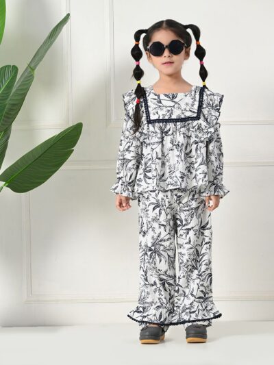 Bella Moda Cotton Three Fourth Sleeves All Over Printed Full-Length Co-ord Sets - White
