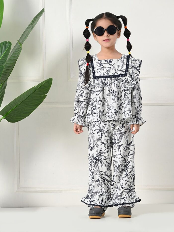 Bella Moda Cotton Three Fourth Sleeves All Over Printed Full-Length Co-ord Sets - White