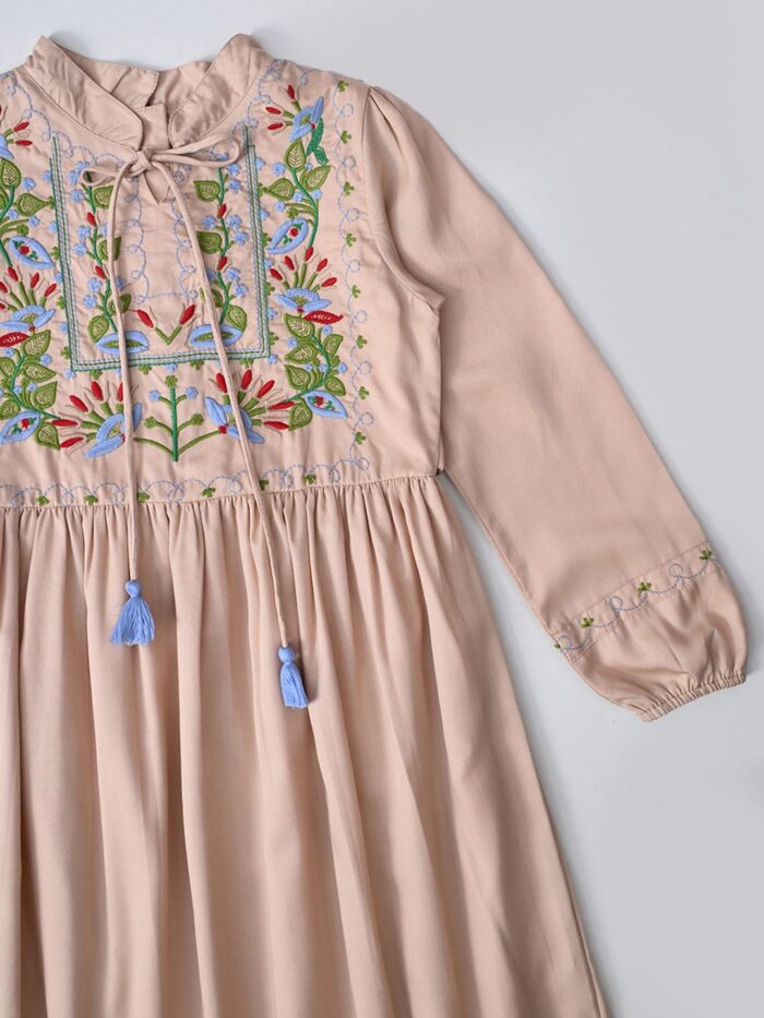 Bella Moda Cotton Three Fourth Sleeves Floral Embroidered Knee Lenght Dress - Brown - Image 3