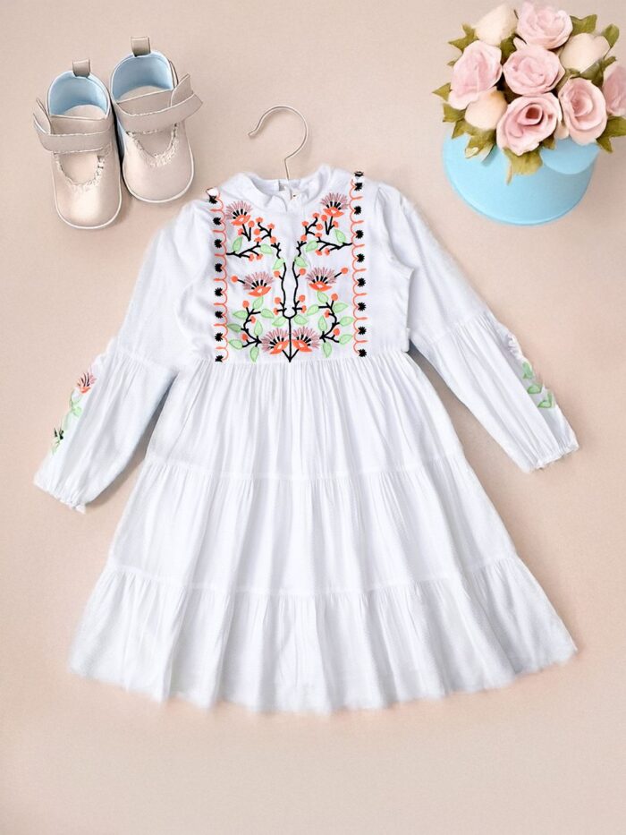 Bella Moda Cotton Three Fourth Sleeves Floral Embroidered Knee Lenght Dress - White