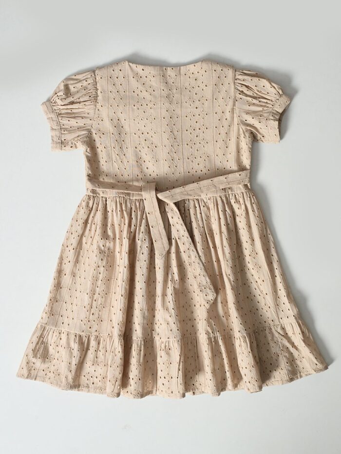 Bella Moda Puff Sleeves All over self designed Schifflie front open midi Style Dress-Beige - Image 2