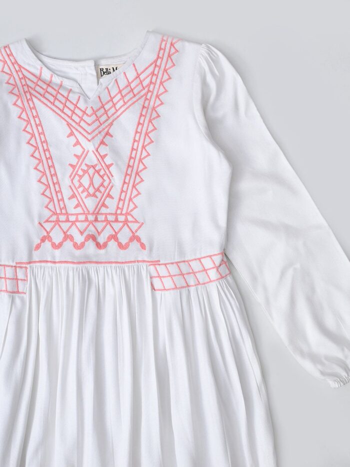 Bella Moda Cotton Three Fourth Sleeves Floral Embroidered Knee Lenght Dress - White - Image 3