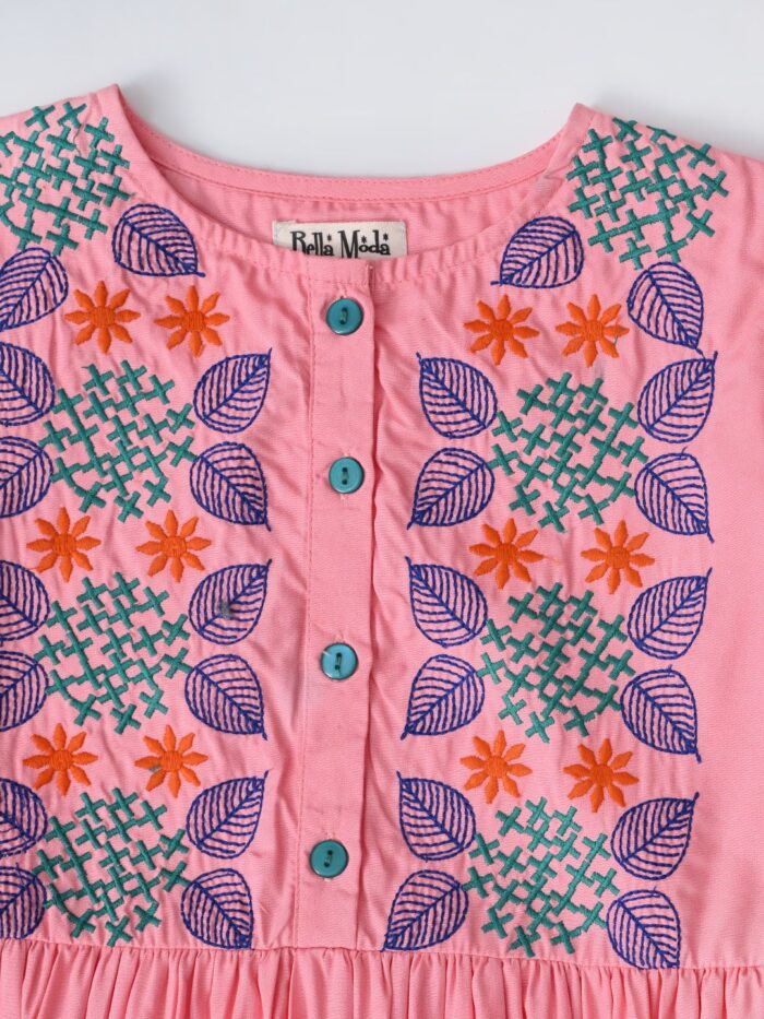 Bella Moda Cotton Three Fourth Sleeves Floral Embroidered Knee Lenght Dress - Pink - Image 3