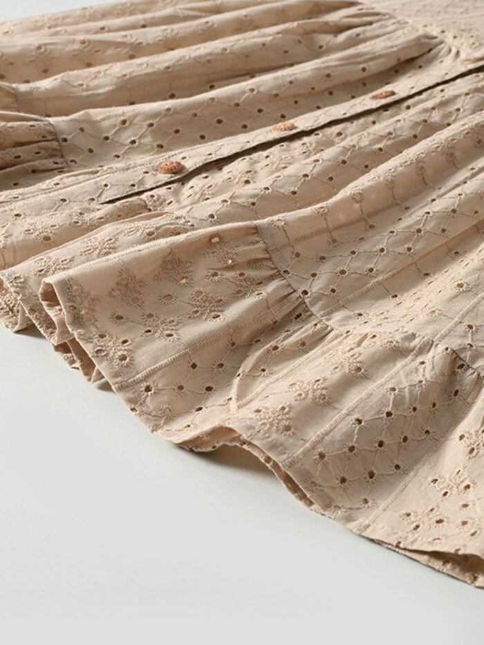 Bella Moda Puff Sleeves All over self designed Schifflie front open midi Style Dress-Beige - Image 4