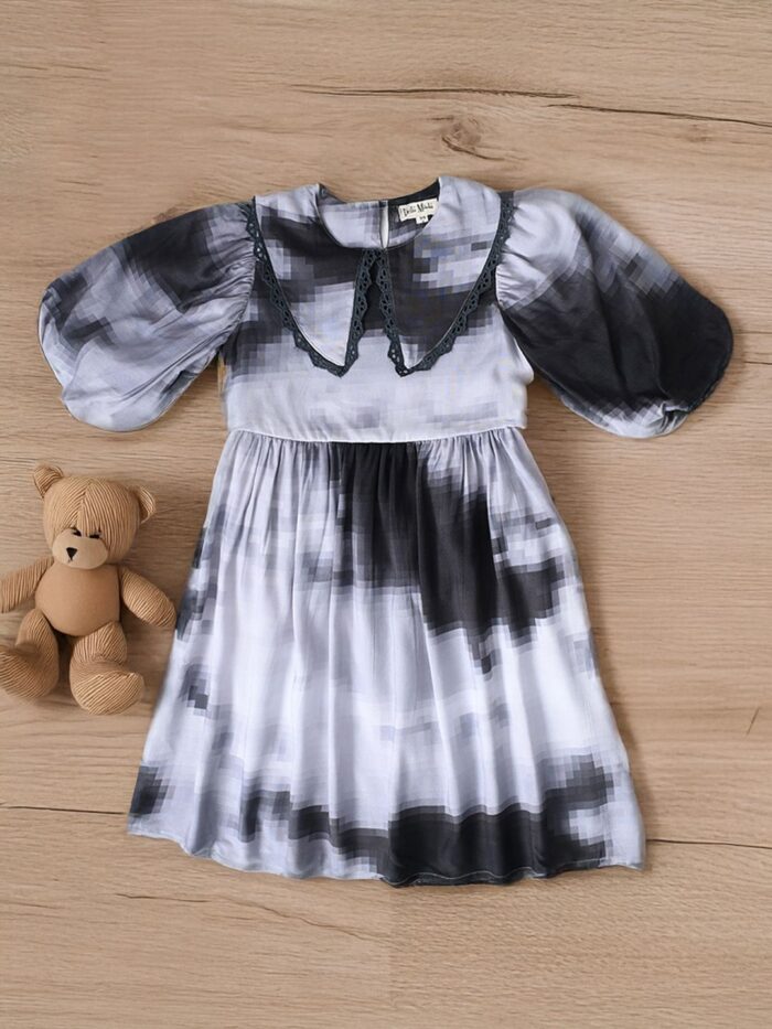 Bella Moda Balloon Sleeves High collor floral printed lace applique worked cotton fabric Knee length Dress