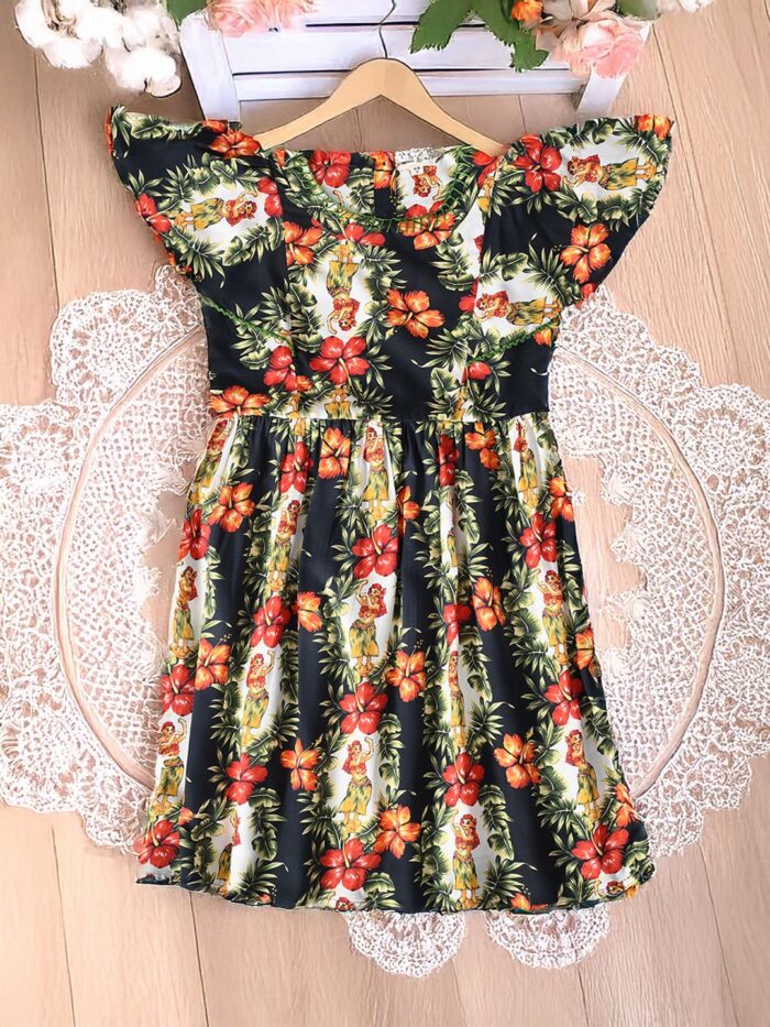Bella Moda fluttered sleeves floral Printed all over lace Applique Dress-Black