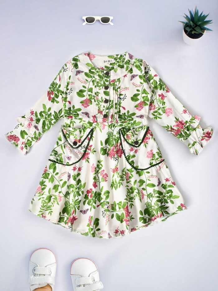 Bella Moda Full sleeves floral printed front two pocket dress-Multi