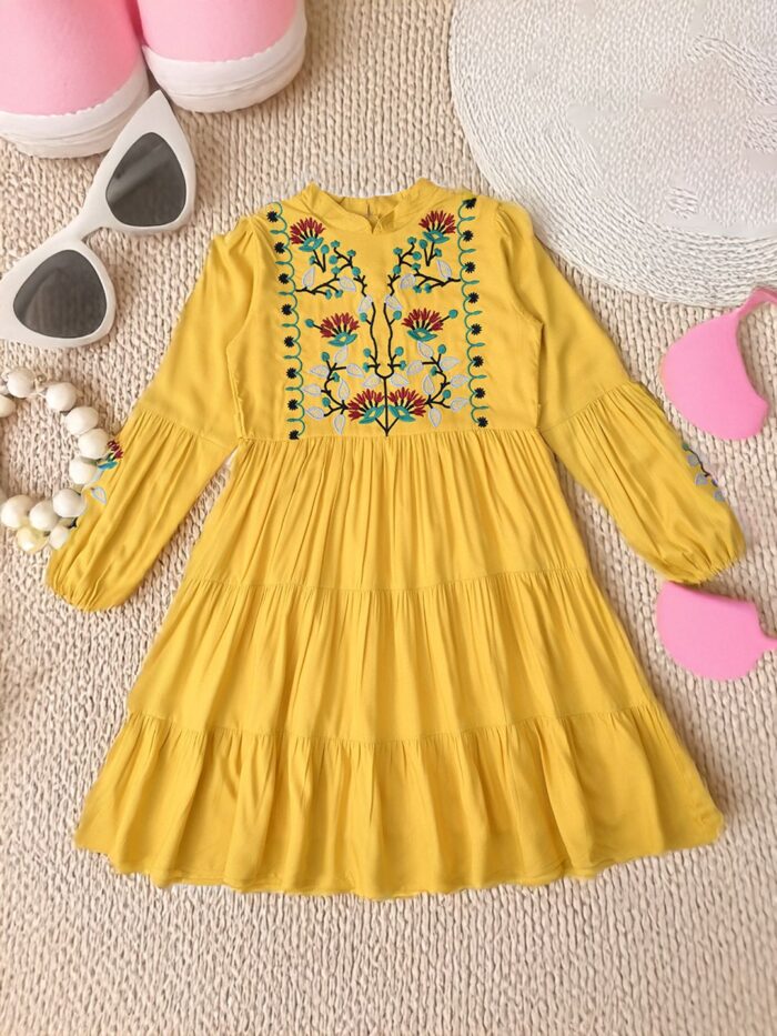 Bella Moda Cotton Three Fourth Sleeves Floral Embroidered Knee Lenght Dress - Yellow
