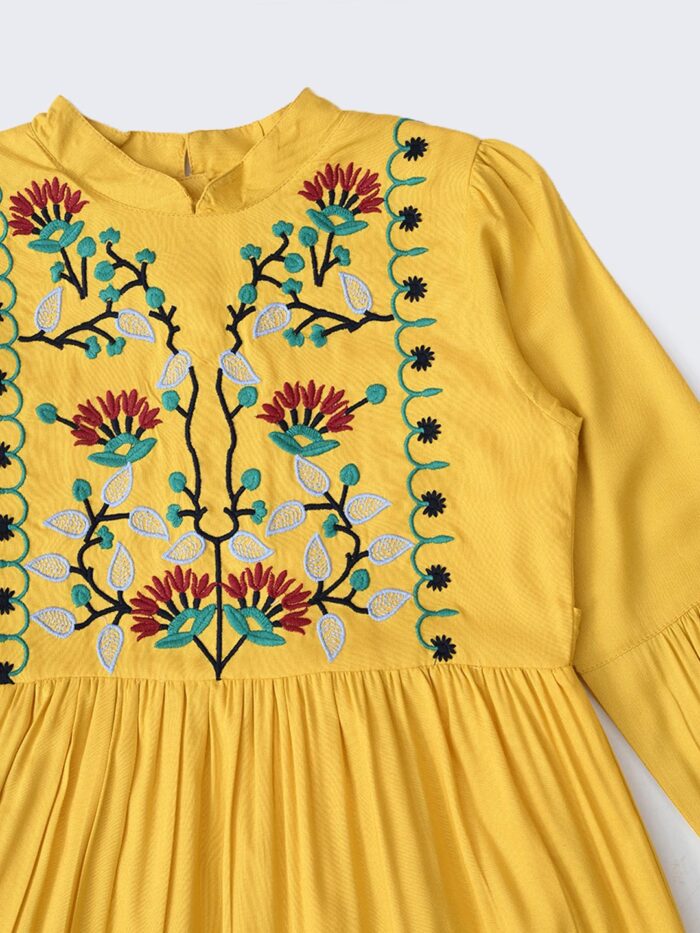 Bella Moda Cotton Three Fourth Sleeves Floral Embroidered Knee Lenght Dress - Yellow - Image 3
