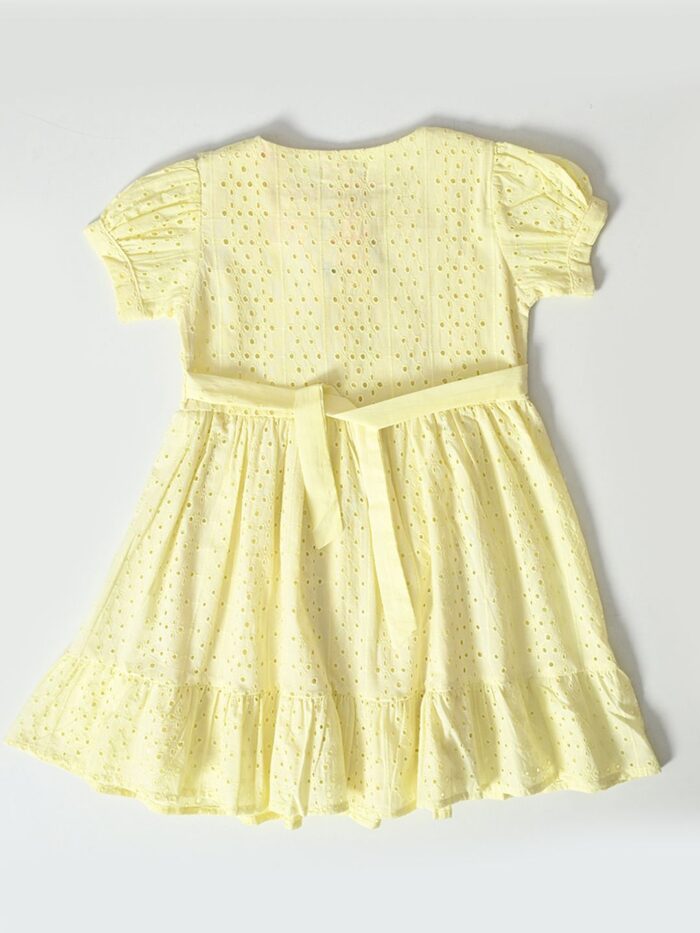 Bella Moda Puff Sleeves All over self designed Schifflie front open midi Style Dress-Yellow - Image 2