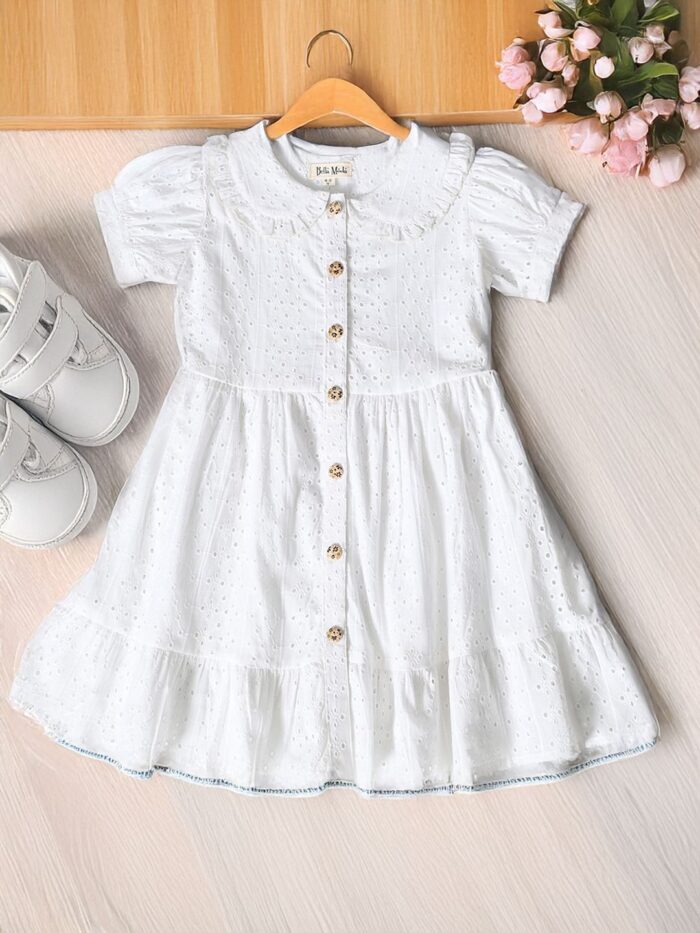 Bella Moda Puff Sleeves All over self designed Schifflie front open midi Style Dress-White
