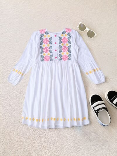 Bella Moda Cotton Three Fourth Sleeves Floral Embroidered Knee Lenght Dress - White