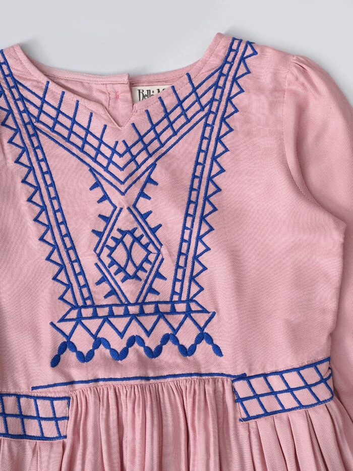Bella Moda Cotton Three Fourth Sleeves Floral Embroidered Knee Lenght Dress - Pink - Image 3