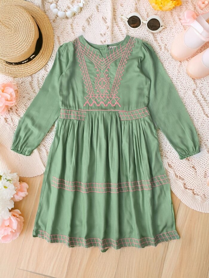 Bella Moda Cotton Three Fourth Sleeves Floral Embroidered Knee Lenght Dress - Dark Green