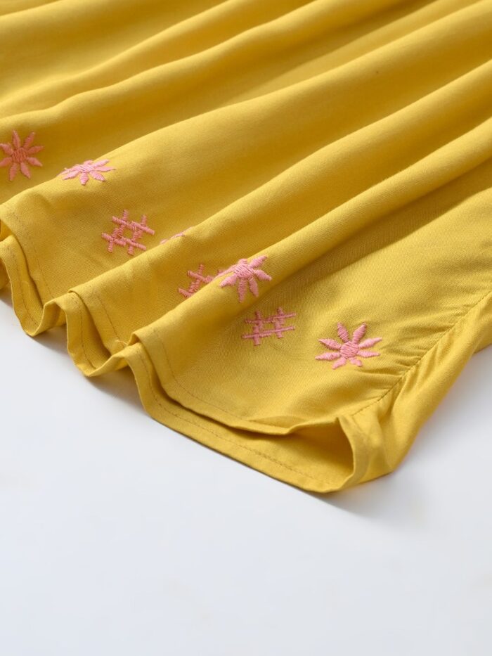 Bella Moda Cotton Three Fourth Sleeves Floral Embroidered Knee Lenght Dress - Yellow - Image 4