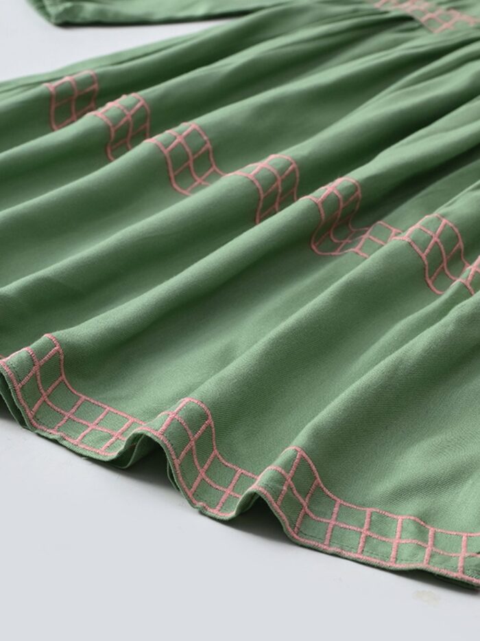 Bella Moda Cotton Three Fourth Sleeves Floral Embroidered Knee Lenght Dress - Dark Green - Image 4