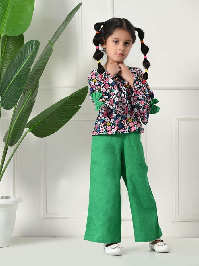 Bella Moda Cotton Three Fourth Sleeves All Over Printed Full-Length Co-ord Sets - Green - Image 4