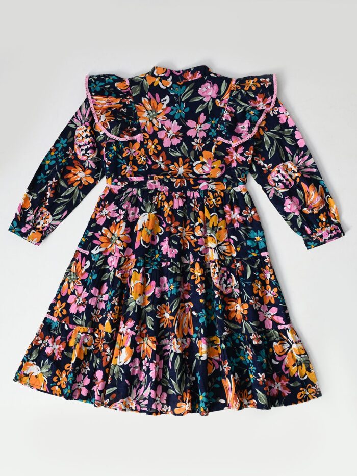 Bella Moda 3/4th puff sleeves all over lace applique frilled cotton Printed knee length Dress - Image 2