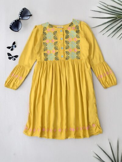 Bella Moda Cotton Three Fourth Sleeves Floral Embroidered Knee Lenght Dress - Yellow