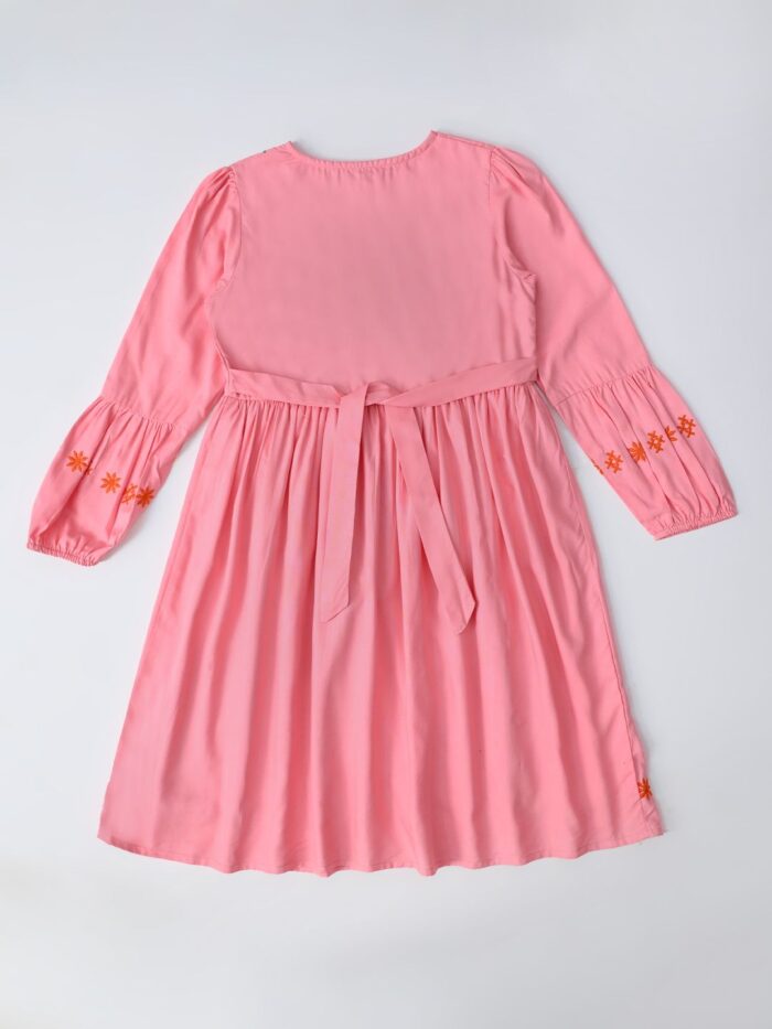 Bella Moda Cotton Three Fourth Sleeves Floral Embroidered Knee Lenght Dress - Pink - Image 2