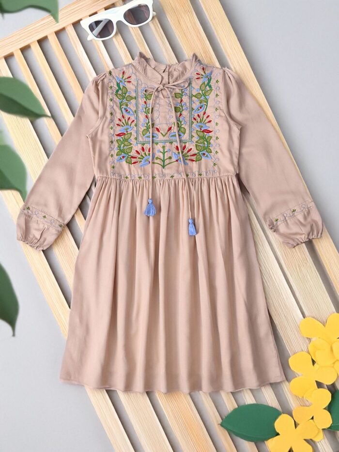 Bella Moda Cotton Three Fourth Sleeves Floral Embroidered Knee Lenght Dress - Brown