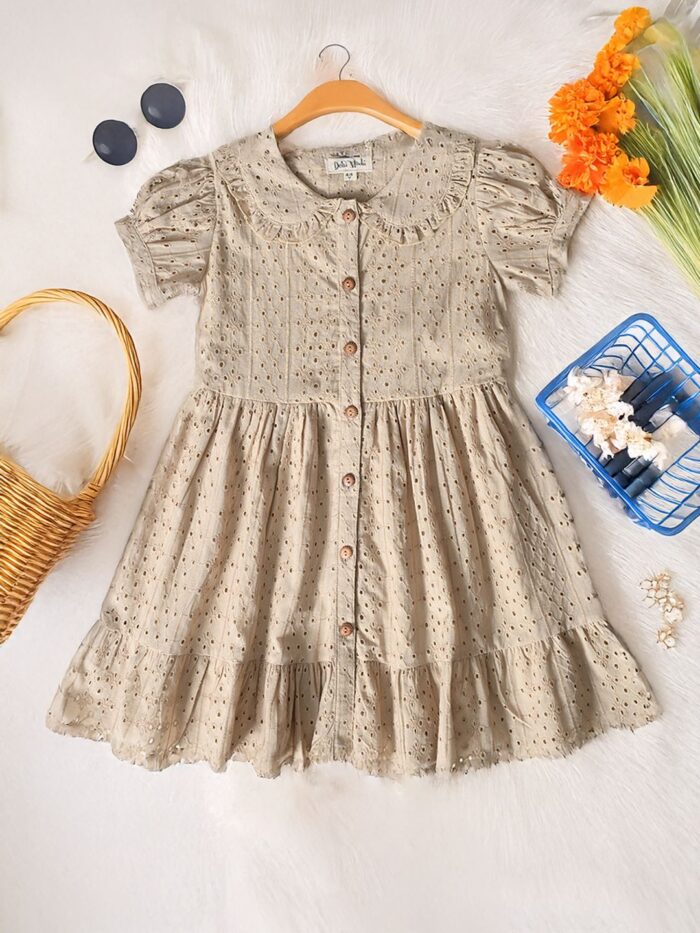 Bella Moda Puff Sleeves All over self designed Schifflie front open midi Style Dress-Beige