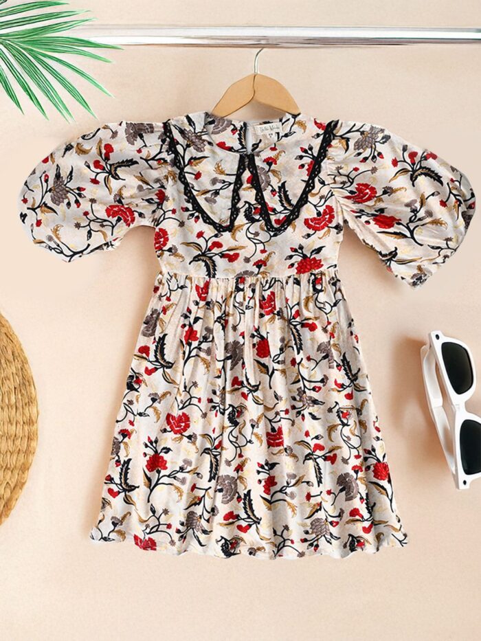 Bella Moda Balloon Sleeves High collor floral printed lace applique worked cotton fabric Knee length Dress