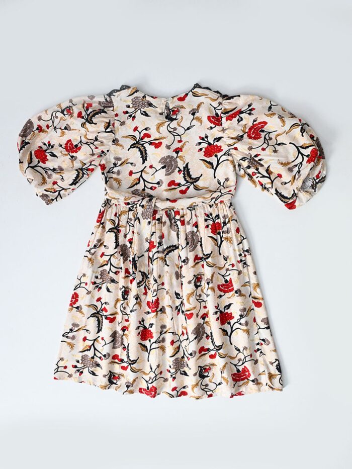 Bella Moda Balloon Sleeves High collor floral printed lace applique worked cotton fabric Knee length Dress - Image 2