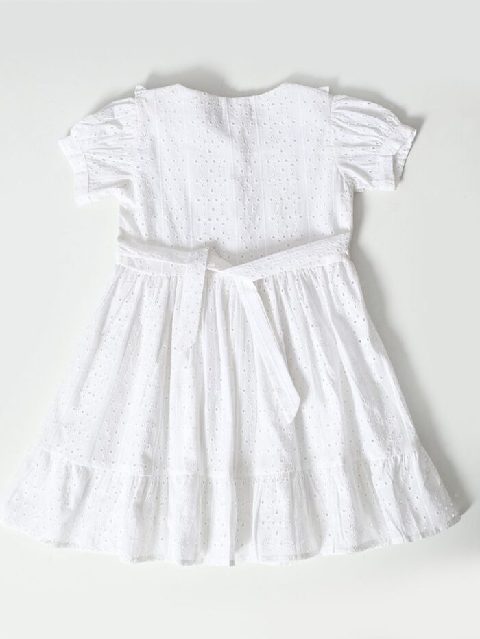 Bella Moda Puff Sleeves All over self designed Schifflie front open midi Style Dress-White - Image 2