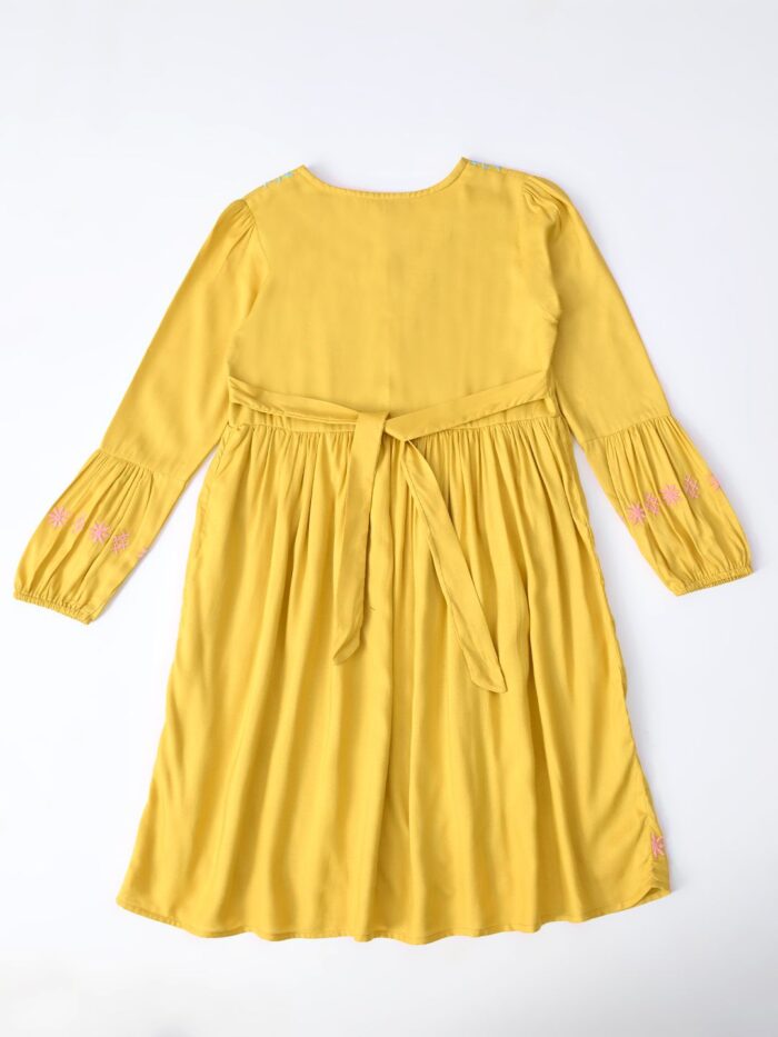 Bella Moda Cotton Three Fourth Sleeves Floral Embroidered Knee Lenght Dress - Yellow - Image 2