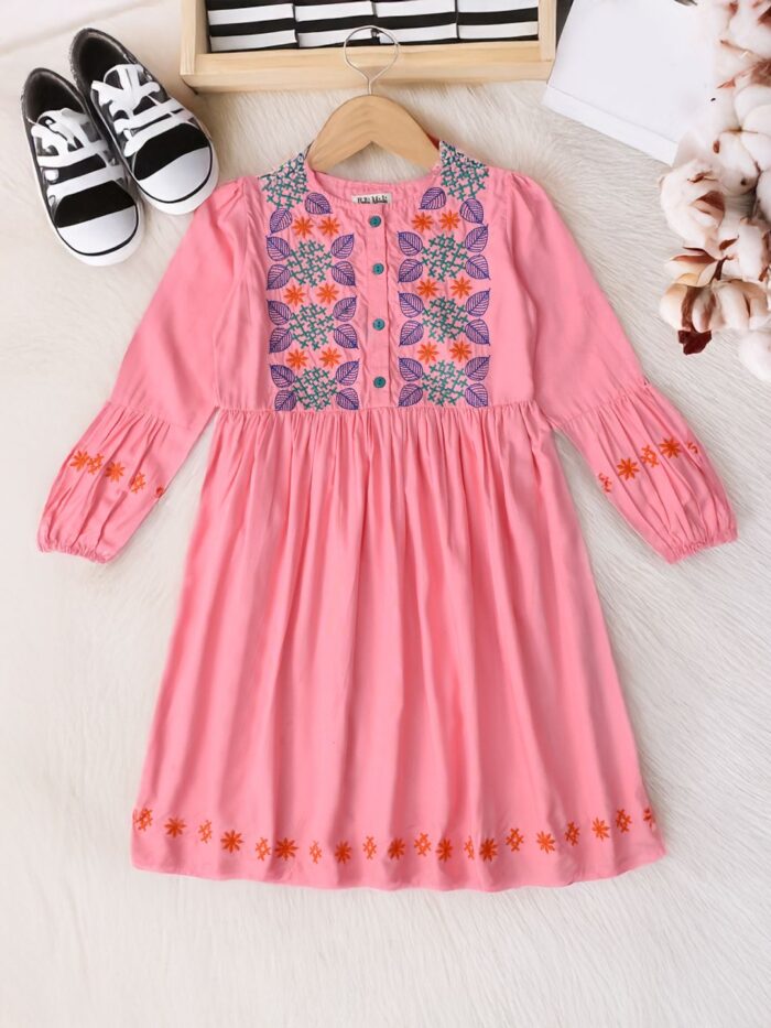 Bella Moda Cotton Three Fourth Sleeves Floral Embroidered Knee Lenght Dress - Pink