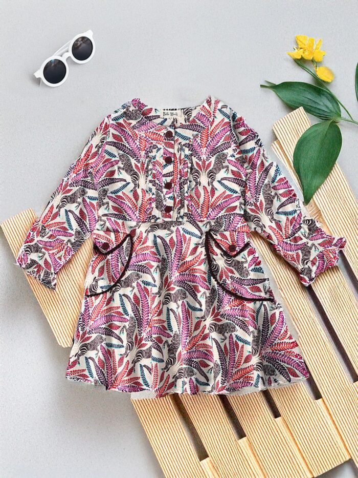 Bella Moda Full sleeves floral printed front two pocket dress-Pink