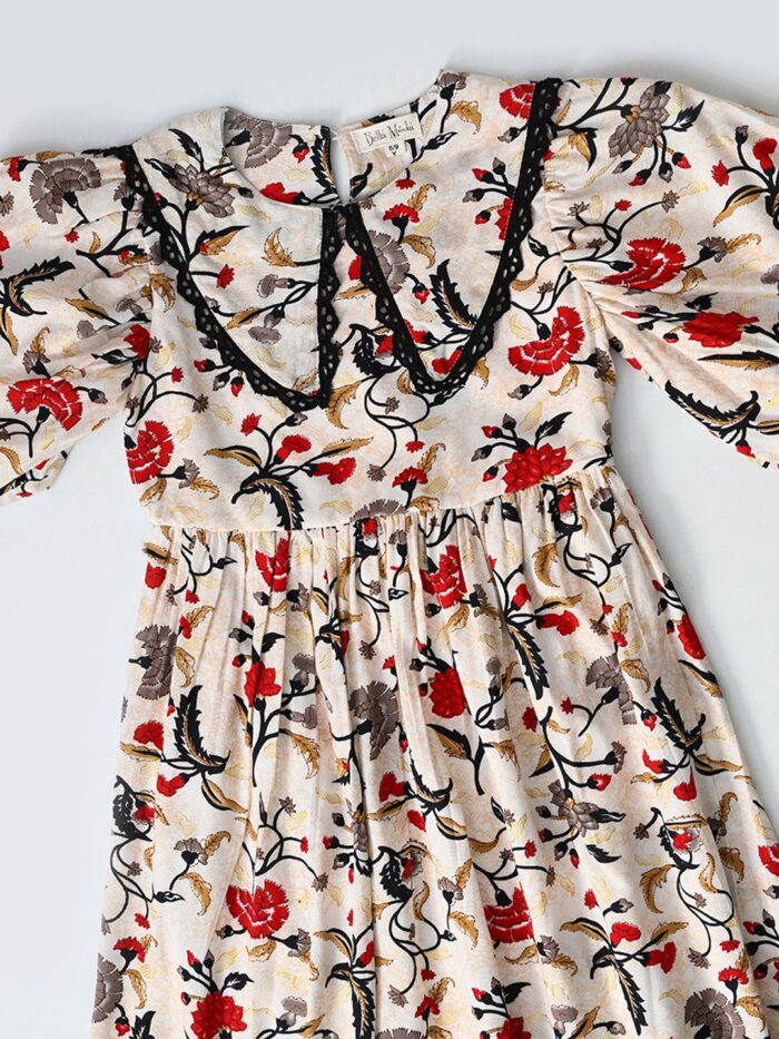 Bella Moda Balloon Sleeves High collor floral printed lace applique worked cotton fabric Knee length Dress - Image 3