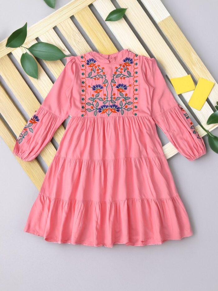 Bella Moda Cotton Three Fourth Sleeves Floral Embroidered Knee Lenght Dress - Pink