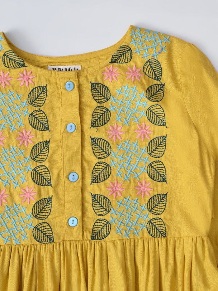 Bella Moda Cotton Three Fourth Sleeves Floral Embroidered Knee Lenght Dress - Yellow - Image 3
