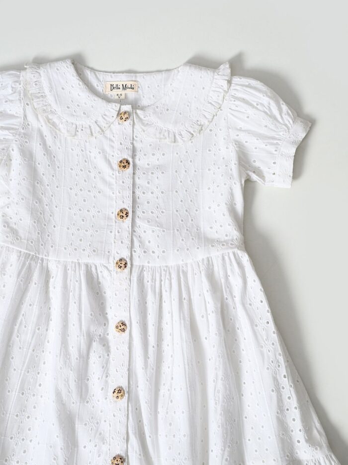 Bella Moda Puff Sleeves All over self designed Schifflie front open midi Style Dress-White - Image 3