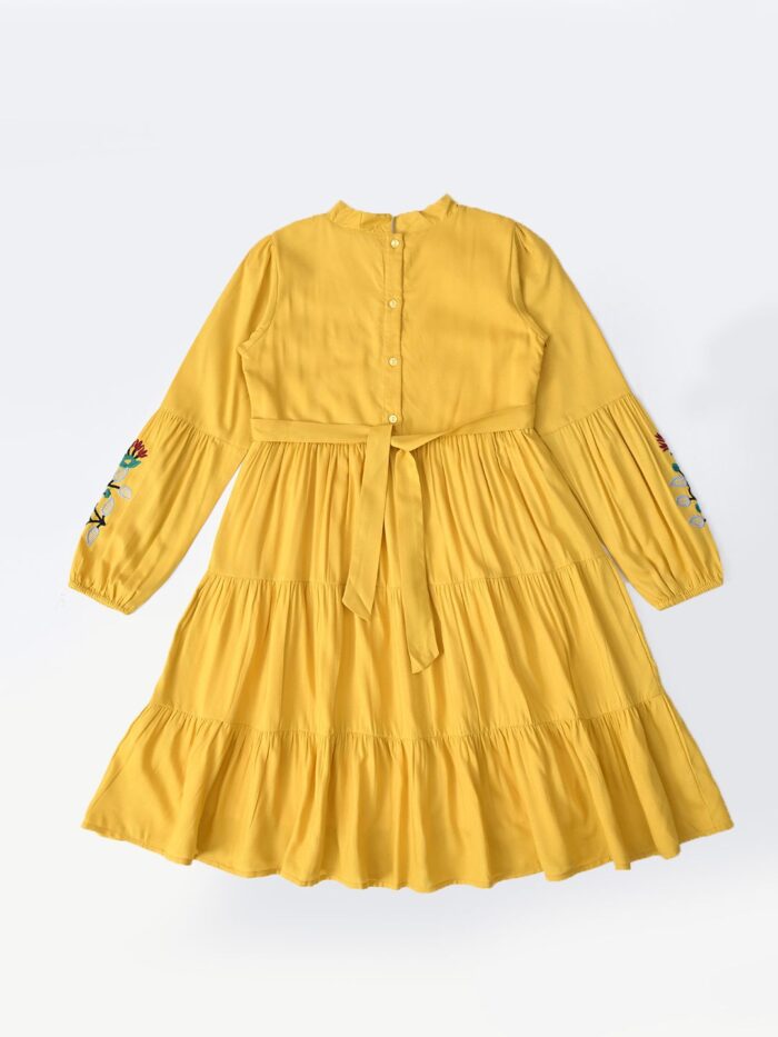 Bella Moda Cotton Three Fourth Sleeves Floral Embroidered Knee Lenght Dress - Yellow - Image 2