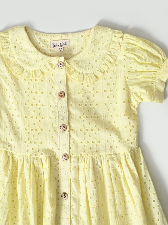 Bella Moda Puff Sleeves All over self designed Schifflie front open midi Style Dress-Yellow - Image 3