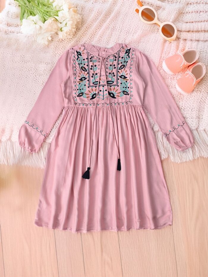 Bella Moda Cotton Three Fourth Sleeves Floral Embroidered Knee Lenght Dress - Peach
