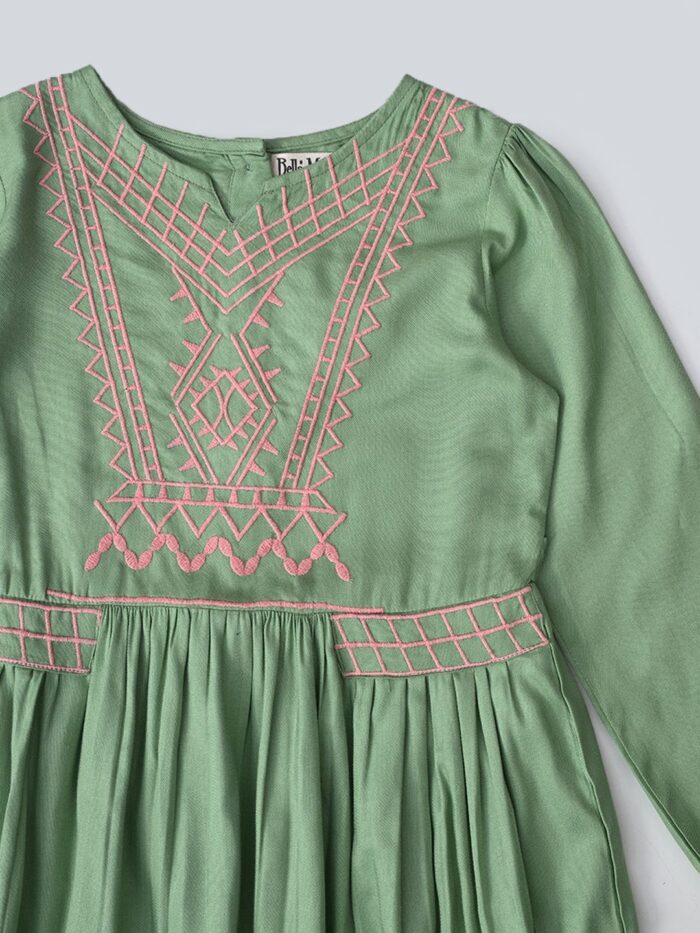Bella Moda Cotton Three Fourth Sleeves Floral Embroidered Knee Lenght Dress - Dark Green - Image 3
