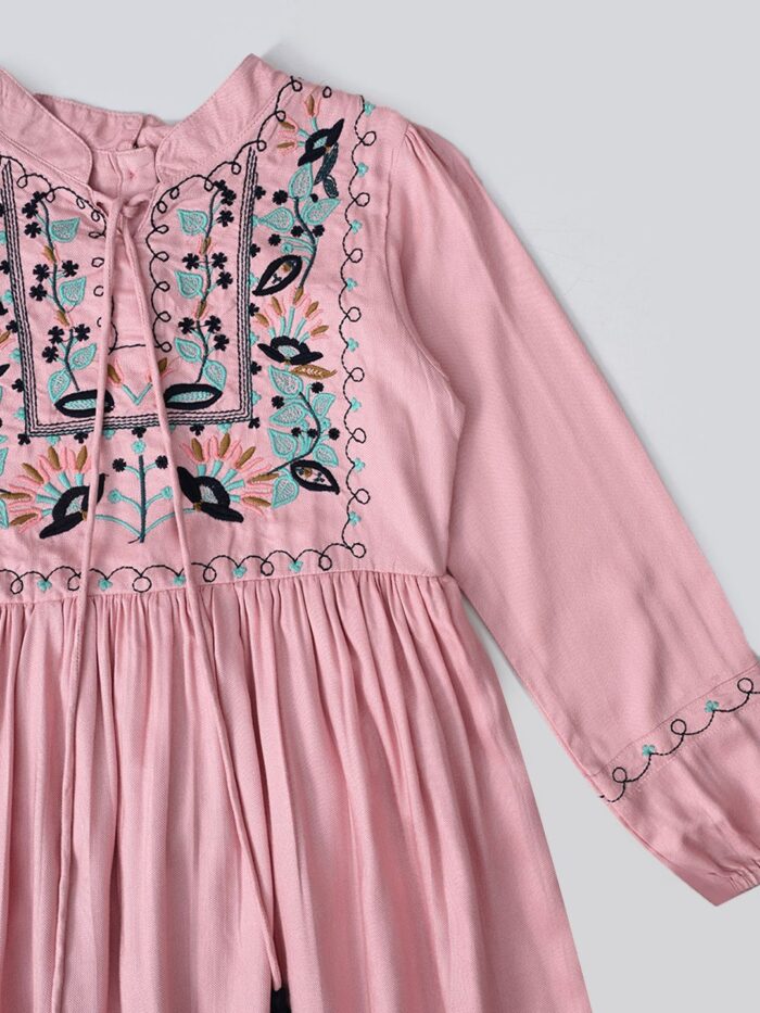 Bella Moda Cotton Three Fourth Sleeves Floral Embroidered Knee Lenght Dress - Peach - Image 3