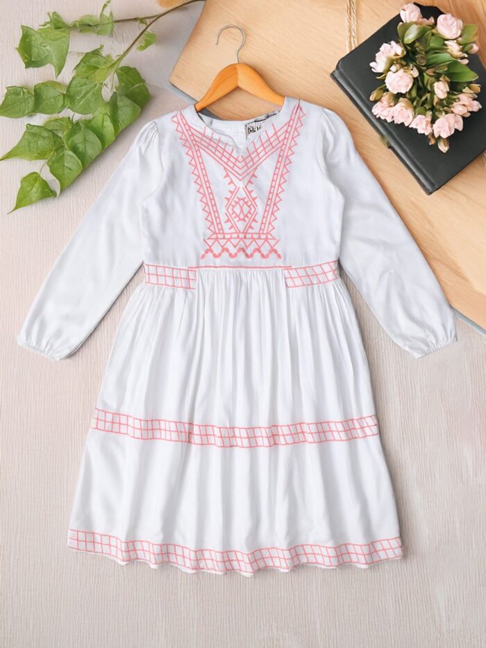 Bella Moda Cotton Three Fourth Sleeves Floral Embroidered Knee Lenght Dress - White