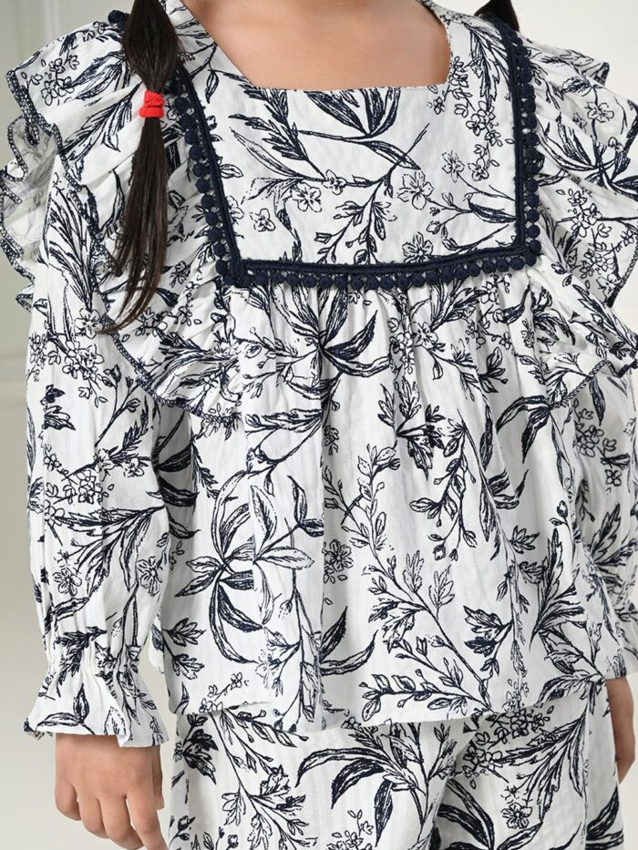 Bella Moda Cotton Three Fourth Sleeves All Over Printed Full-Length Co-ord Sets - White - Image 3