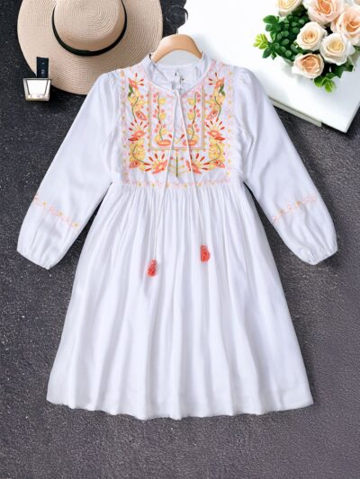 Bella Moda Cotton Three Fourth Sleeves Floral Embroidered Knee Lenght Dress - White