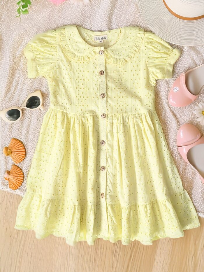 Bella Moda Puff Sleeves All over self designed Schifflie front open midi Style Dress-Yellow