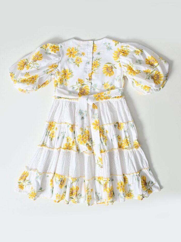 Bella Moda Balloon Sleeves Schifflie Designed Dress-Yellow - Image 2