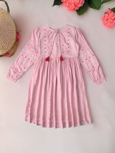 Bella Moda Cotton Three Fourth Sleeves Floral Embroidered Knee Lenght Dress - Peach