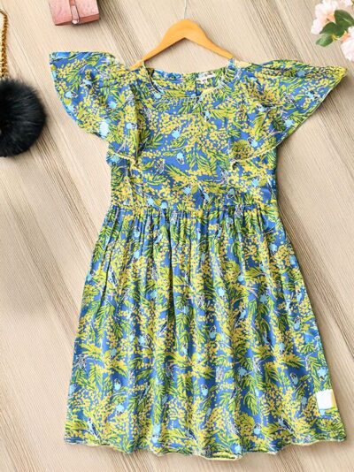 Bella Moda fluttered sleeves floral Printed all over lace Applique Dress-Multi